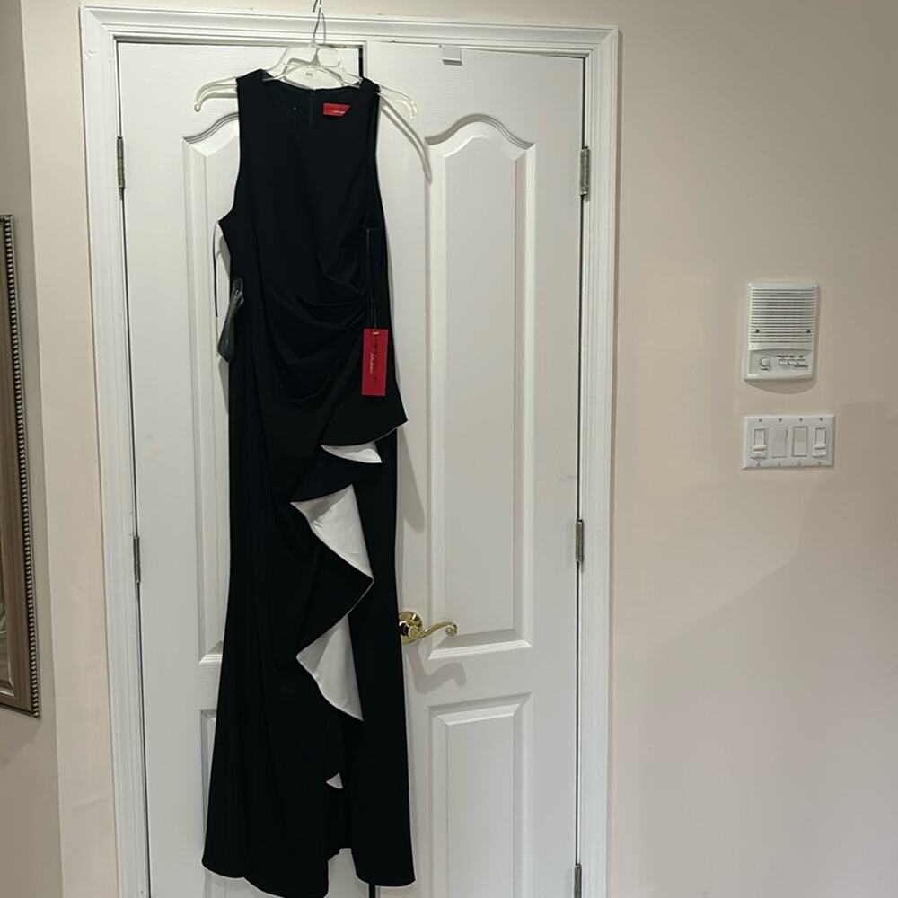 Carmen Marc Valo infusion14 black evening gown white side ruffle full length nwt